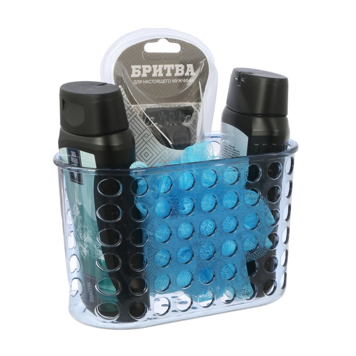 Подарочный набор "Новых свершений": гель для душа, шампунь, бритва, мочалка в пластиковой подставке