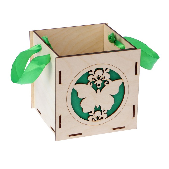 Подарочная коробка "Бабочка", зелёная, ручка- лента, 15х15х15см