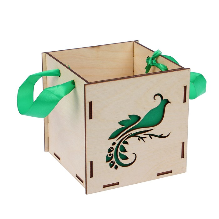 Подарочная коробка "Жар-птица", зелёная, ручка- лента, 15х15х15см