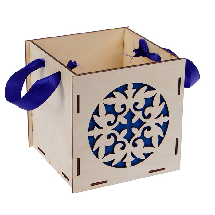 Подарочная коробка "Узоры", синяя, ручка- лента, 15х15х15см