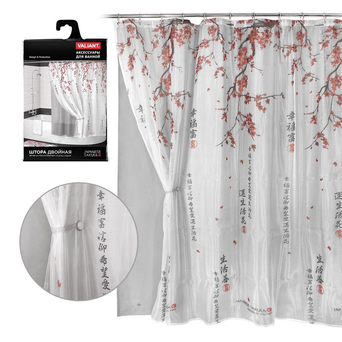 Штора для ванной комнаты, двойная с вуалью 180х180 см, japanese sakura