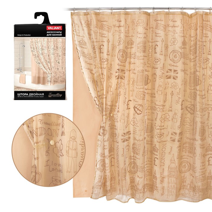 Штора для ванной комнаты, двойная с вуалью 180х180 см, london