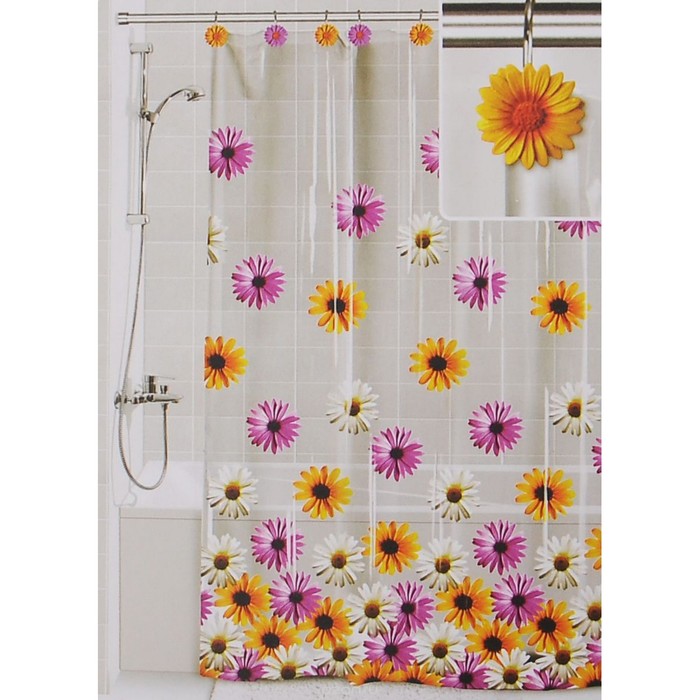 Штора для ванной комнаты 180х180 см "Герберы" deluxe, 12 крючков в комплекте