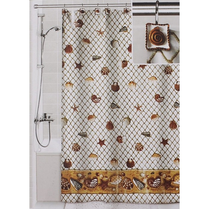 Штора для ванной комнаты 180х180 см "Морские ракушки" deluxe, 12 крючков в комплекте