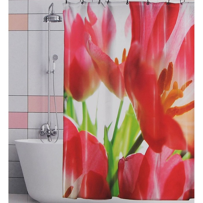 Штора для ванной комнаты 180х180 см "Красные тюльпаны" полиэстер