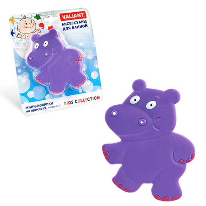 Набор мини-ковриков для ванной 4 шт "Бегемотик" на присосах, цвет фиолетовый