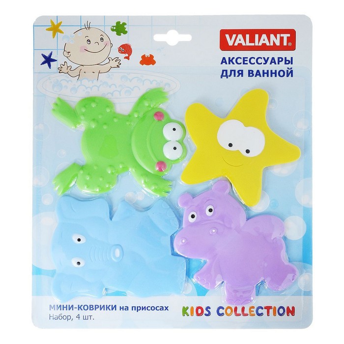 Набор мини-ковриков для ванной 4 шт "Весёлые зверюшки" на присосах, цвет МИКС