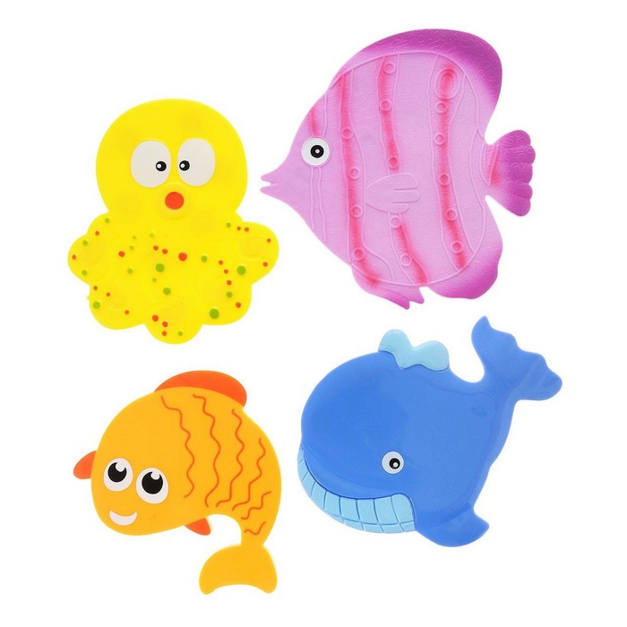 Набор мини-ковриков для ванной 4 шт "Подводный мир" на присосах, цвет МИКС