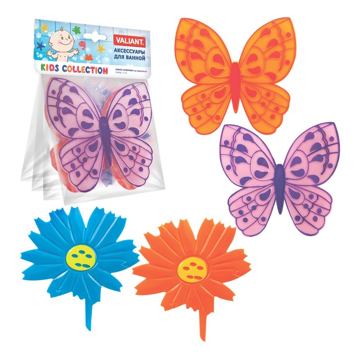 Набор мини-ковриков для ванной 4 шт "Бабочки-цветочки" на присосах, цвет МИКС