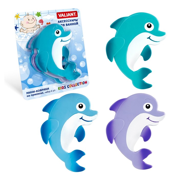 Набор мини-ковриков для ванной 6 шт "Дельфинёнок" на присосах, цвет МИКС