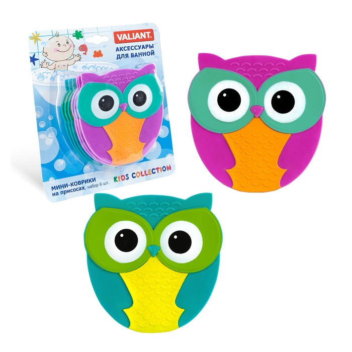 Набор мини-ковриков для ванной 6 шт "Совёнок" на присосах, цвет МИКС