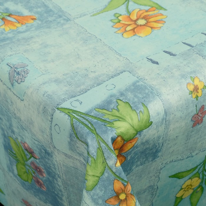 Клеенка столовая, ширина 140 см, рулон 20 м "Цветы", цвет голубой