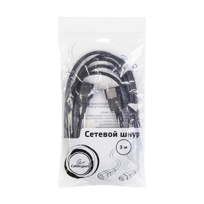 Кабель питания сист.блок-монитор Cablexpert, 3.0м, C13-C14, 6А, с заземлением, черный