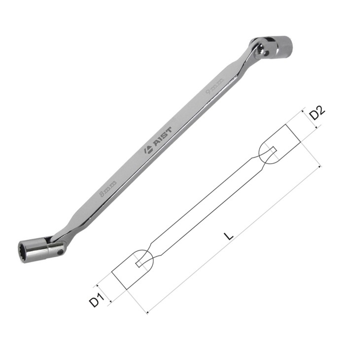 Ключ AIST, двусторонний, с шарнирными торцевыми головками, полированный, 14х15 мм