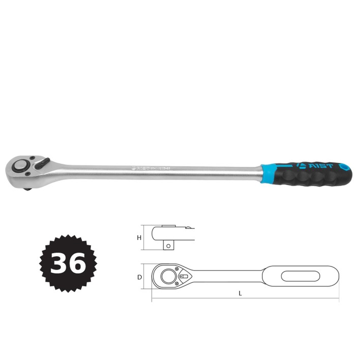 Трещотка AIST, 1/2", резино-пластиковая рукоядка, L= 41 см, 36 зубов