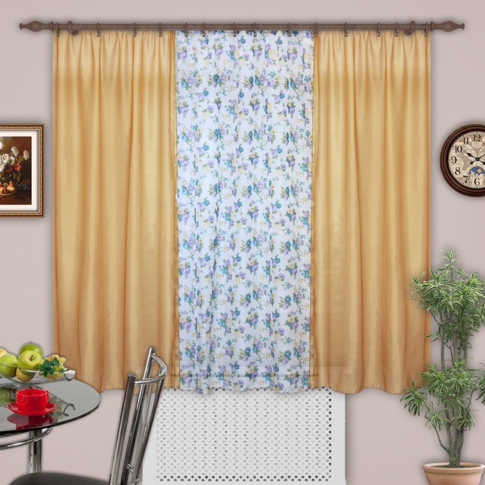 Шторы кухонные "Унисон", 150х200 см-2 шт., тюль 200х300 см-1 шт. цвет 145