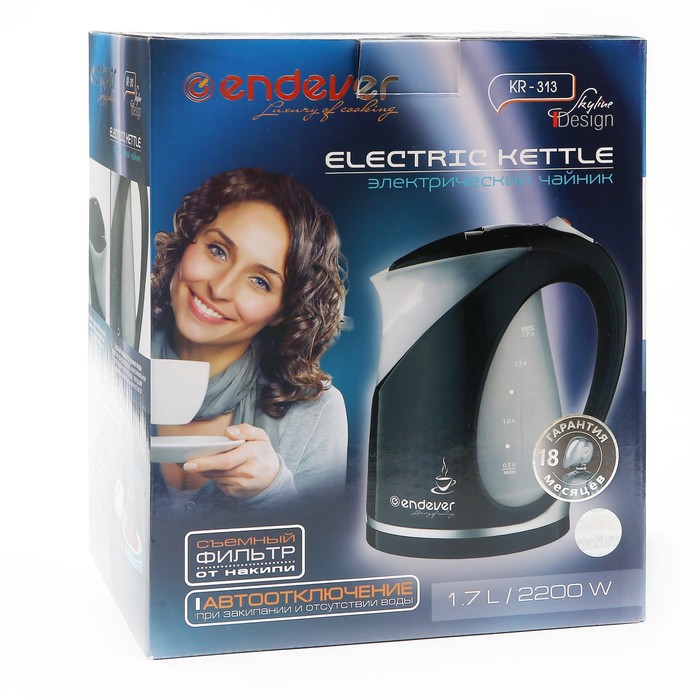 Чайник электрический Endever Skyline KR-313, 2200 Вт, 1.7 л, черный