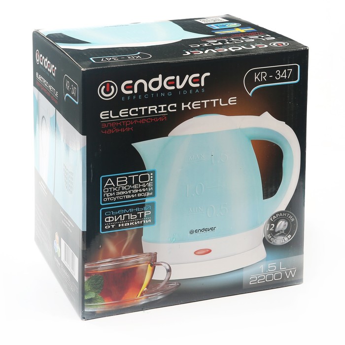Чайник электрический Endever Skyline KR-347, 2200 Вт, 1.5 л, голубой