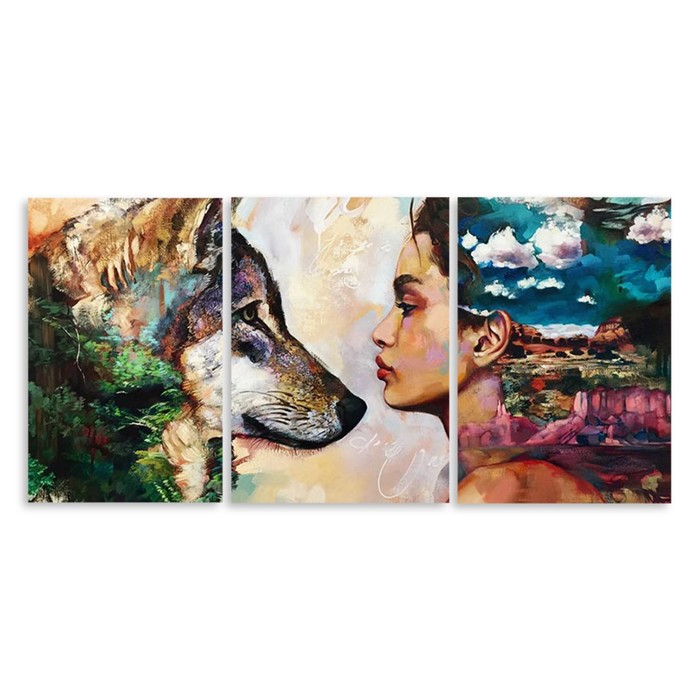 Модульная картина "Волк и человек" 120*56 см