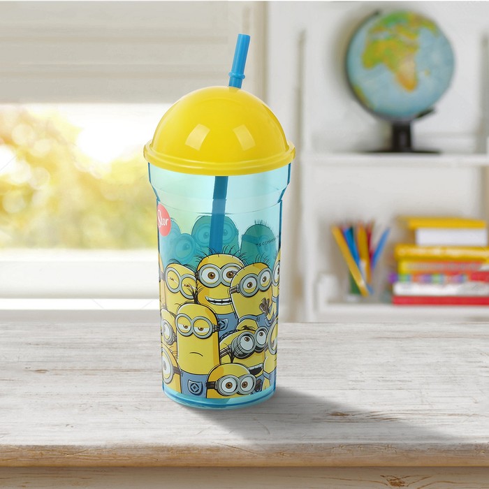Стакан 460 мл "Миньоны. Правила" с соломинкой и крышкой-полусферой, прозрачный