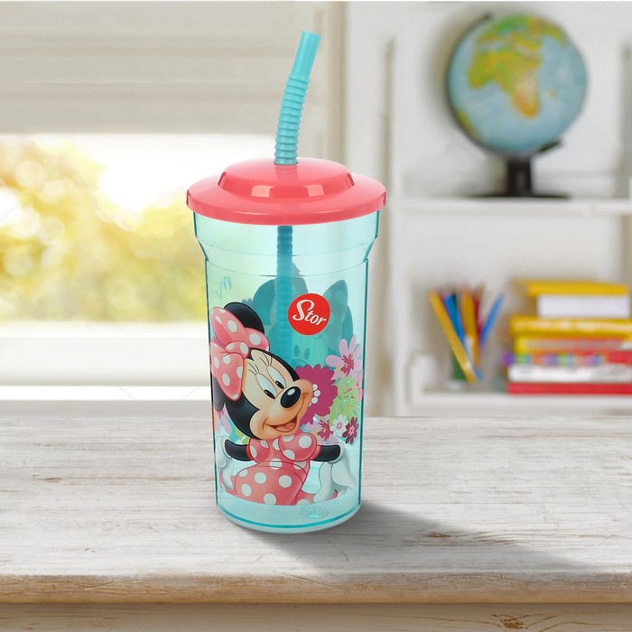 Стакан 460 мл "Минни Маус. Цветы" с соломинкой и крышкой, прозрачный