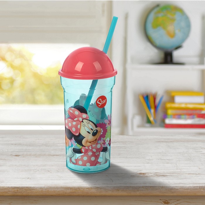 Стакан 460 мл "Минни Маус. Цветы" с соломинкой и крышкой-полусферой, прозрачный