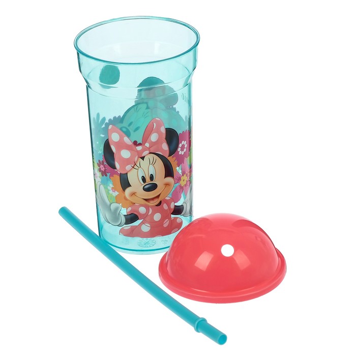 Стакан 460 мл "Минни Маус. Цветы" с соломинкой и крышкой-полусферой, прозрачный