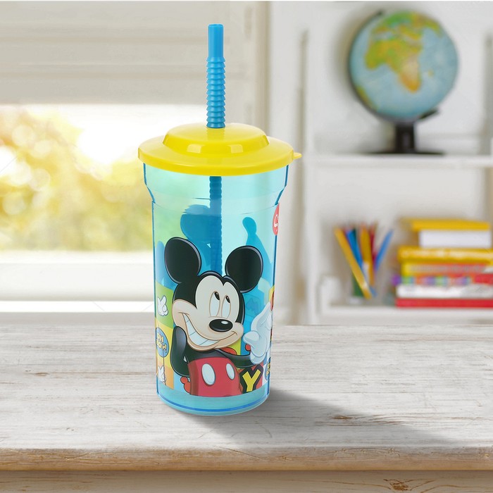 Стакан 460 мл "Микки Маус. Символы" с соломинкой и крышкой, прозрачный