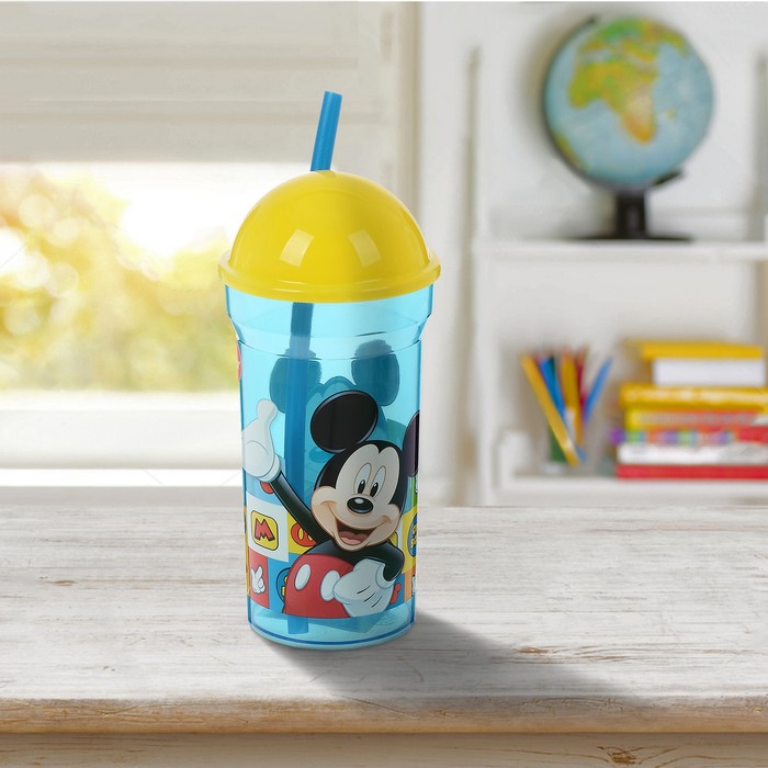 Стакан 460 мл "Микки Маус. Символы" с соломинкой и крышкой-полусферой, прозрачный