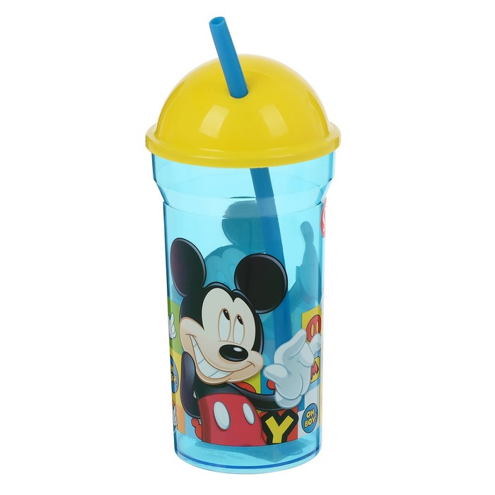 Стакан 460 мл "Микки Маус. Символы" с соломинкой и крышкой-полусферой, прозрачный