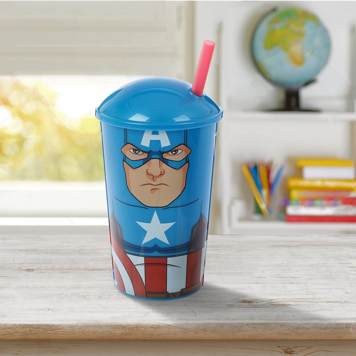 Стакан 400 мл "Мстители. Капитан Америка" с соломинкой и крышкой