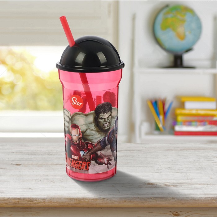 Стакан 460 мл "Мстители. Галерея" с соломинкой и крышкой-полусферой, прозрачный