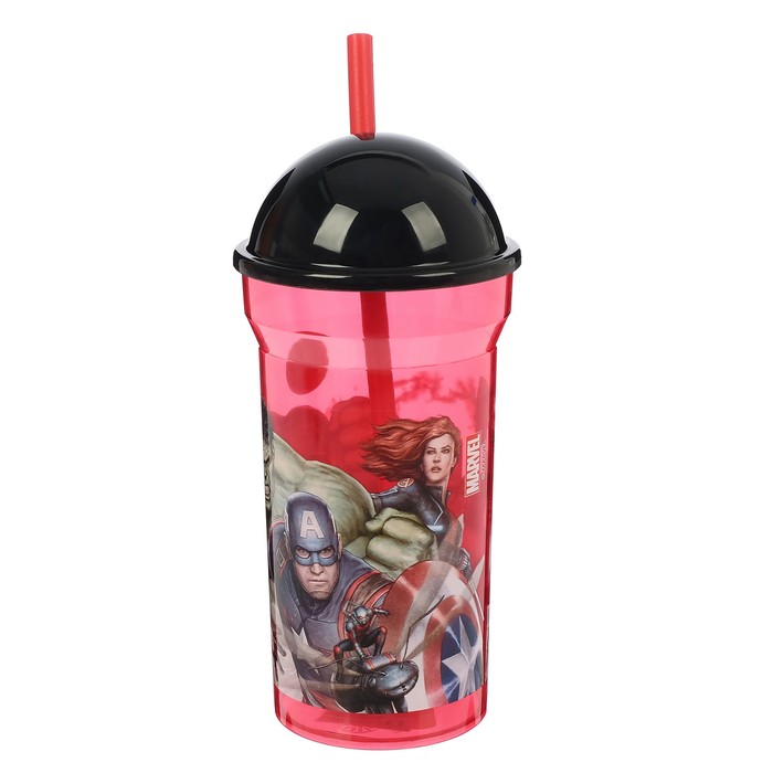 Стакан 460 мл "Мстители. Галерея" с соломинкой и крышкой-полусферой, прозрачный