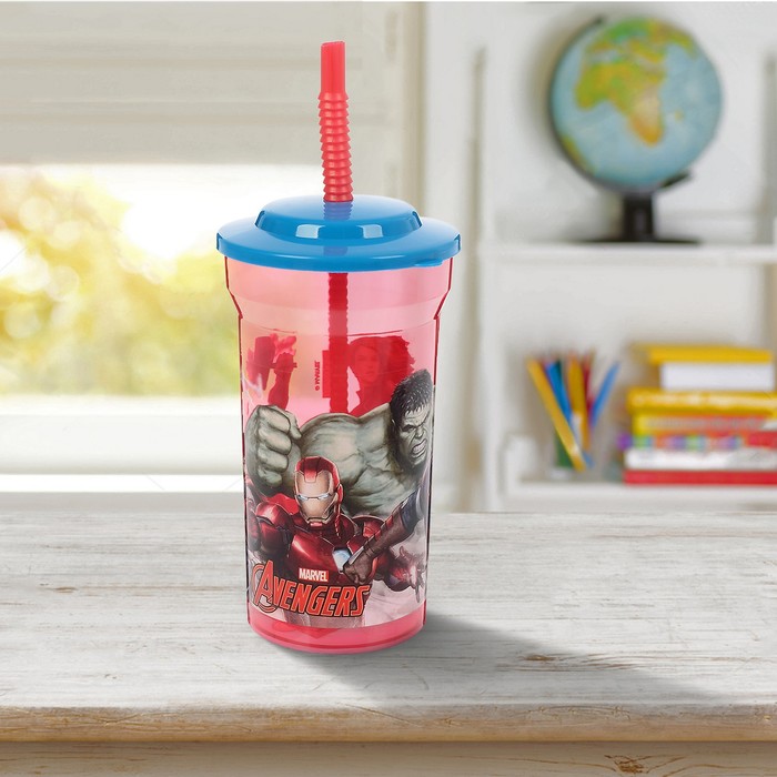 Стакан 460 мл "Мстители. Галерея" с соломинкой и крышкой, прозрачный