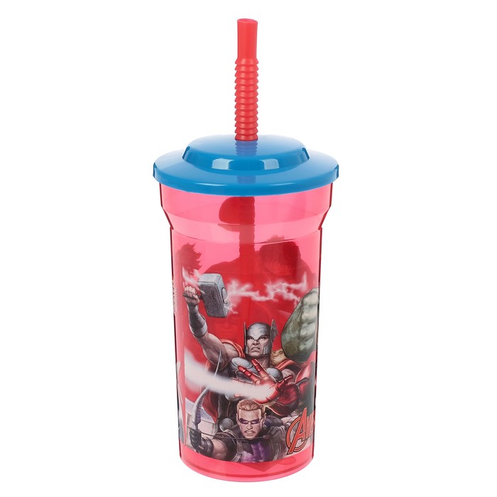 Стакан 460 мл "Мстители. Галерея" с соломинкой и крышкой, прозрачный