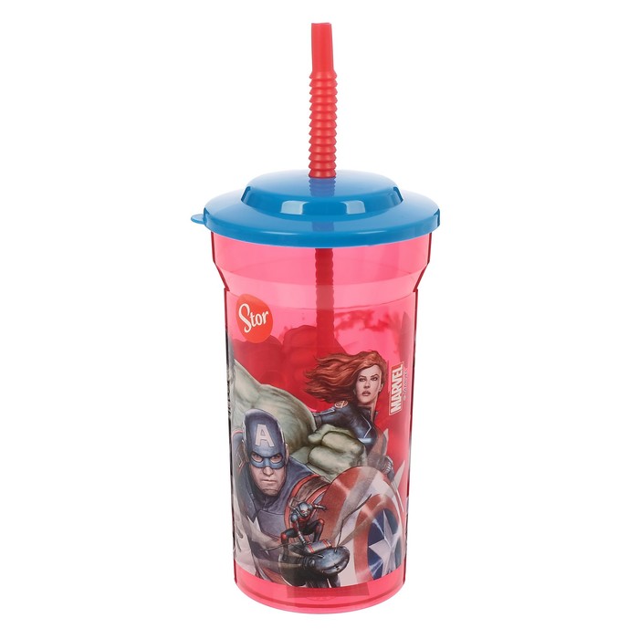 Стакан 460 мл "Мстители. Галерея" с соломинкой и крышкой, прозрачный