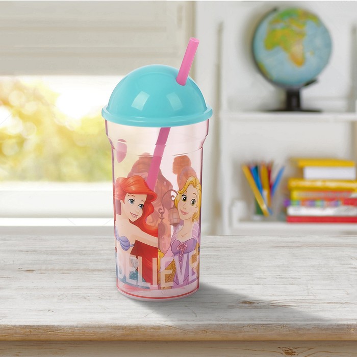 Стакан 460 мл "Принцессы. Дружные приключения" с соломинкой и крышкой-полусферой, прозрачный