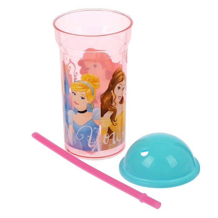 Стакан 460 мл "Принцессы. Дружные приключения" с соломинкой и крышкой-полусферой, прозрачный