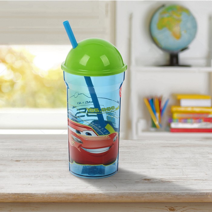 Стакан 460 мл "Тачки 3" с соломинкой и крышкой-полусферой, прозрачный