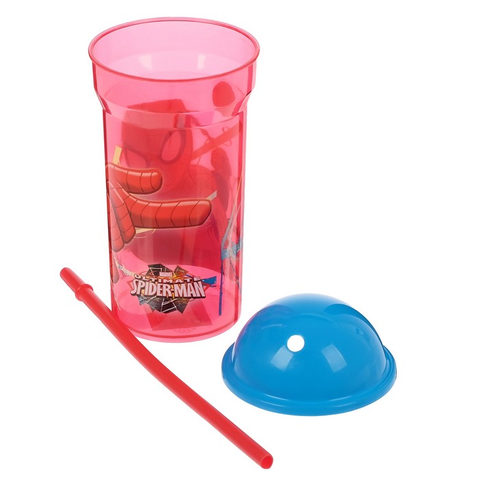 Стакан 460 мл "Человек-паук.Красная паутина" с соломинкой и крышкой-полусферой, прозрачный