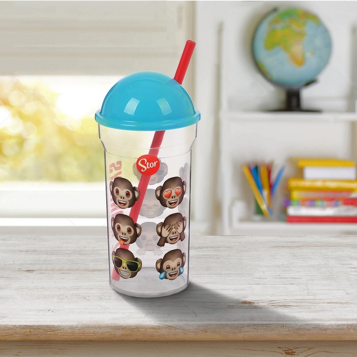 Стакан 460 мл "Эмодзи. 12 обезьян" с соломинкой и крышкой-полусферой, прозрачный