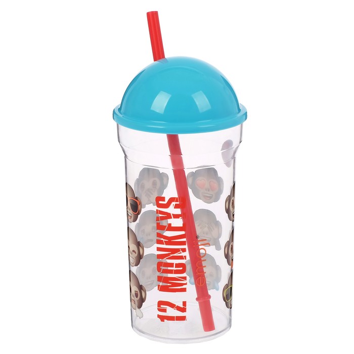 Стакан 460 мл "Эмодзи. 12 обезьян" с соломинкой и крышкой-полусферой, прозрачный