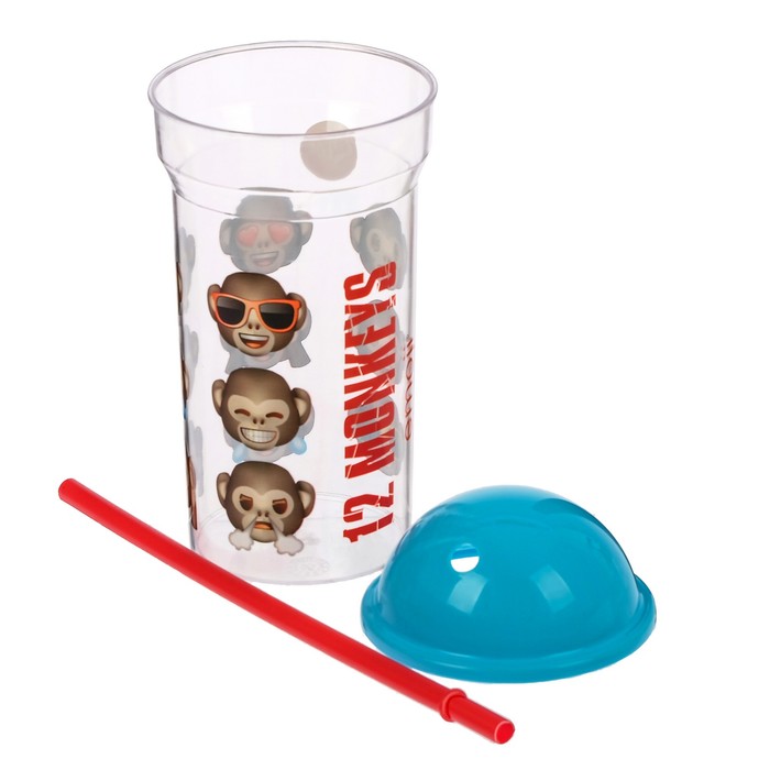 Стакан 460 мл "Эмодзи. 12 обезьян" с соломинкой и крышкой-полусферой, прозрачный