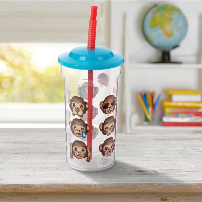 Стакан 460 мл "Эмодзи. 12 обезьян" с соломинкой и крышкой, прозрачный