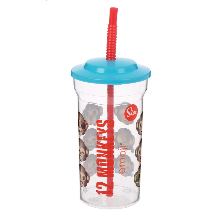 Стакан 460 мл "Эмодзи. 12 обезьян" с соломинкой и крышкой, прозрачный