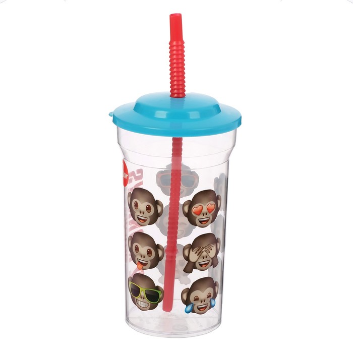 Стакан 460 мл "Эмодзи. 12 обезьян" с соломинкой и крышкой, прозрачный