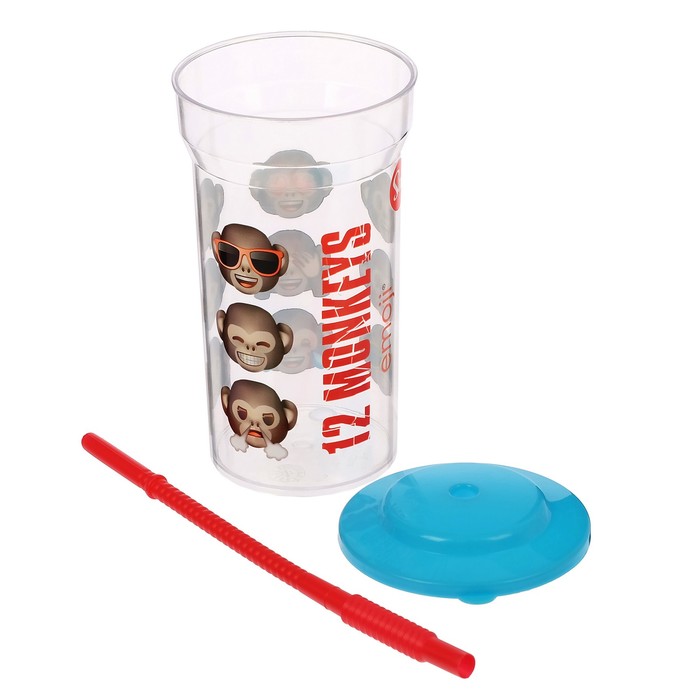 Стакан 460 мл "Эмодзи. 12 обезьян" с соломинкой и крышкой, прозрачный