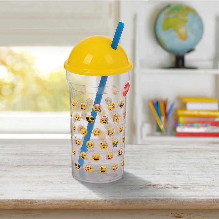 Стакан 460 мл "Эмодзи. Лица" с соломинкой и крышкой-полусферой, прозрачный