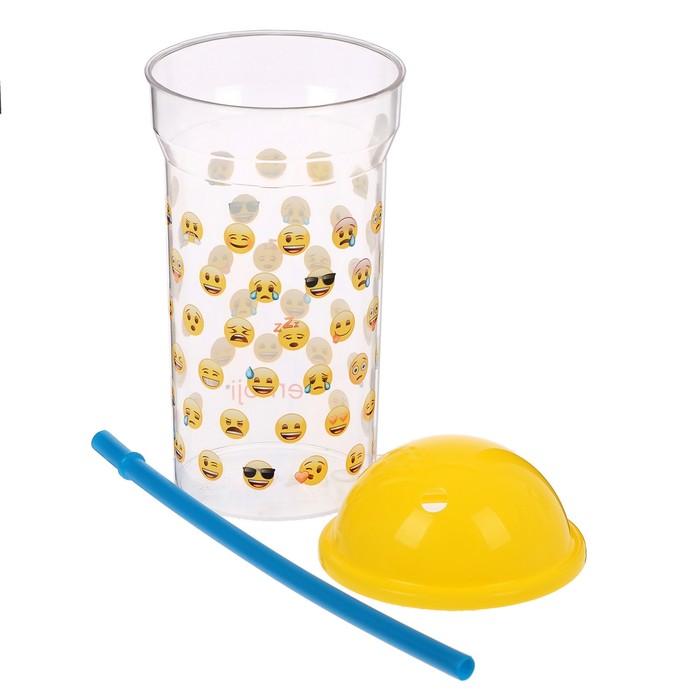 Стакан 460 мл "Эмодзи. Лица" с соломинкой и крышкой-полусферой, прозрачный