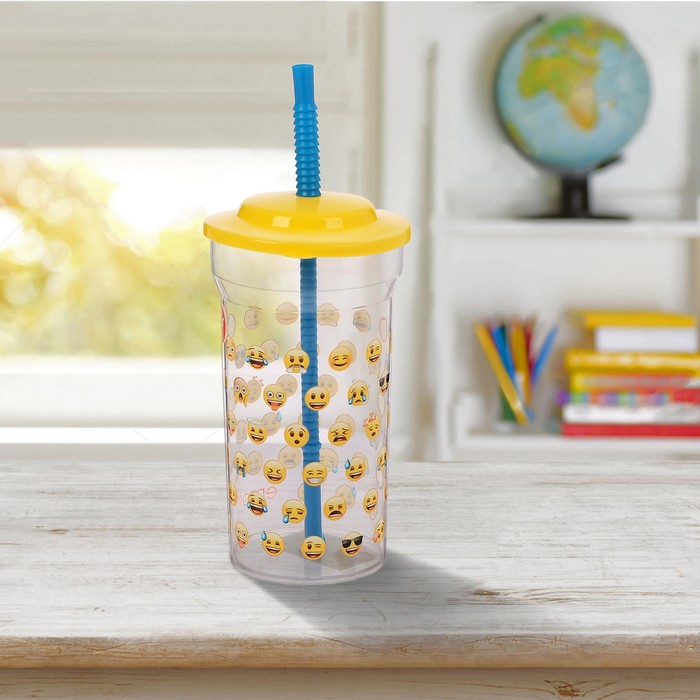 Стакан 460 мл "Эмодзи. Лица" с соломинкой и крышкой, прозрачный